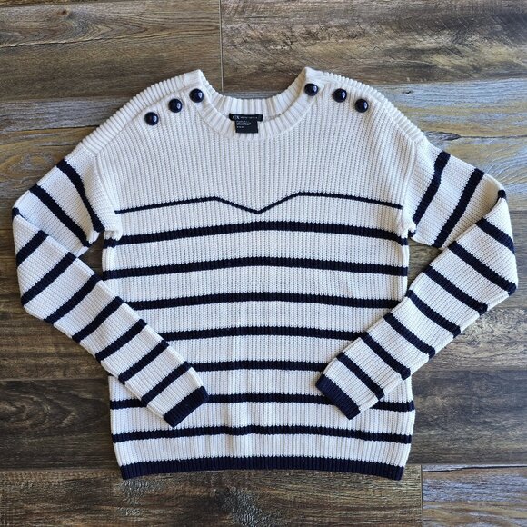 Armani Exchange Wool Blend Prep Strip Sweater Button-Accent Blue Cream - Picture 2 of 13